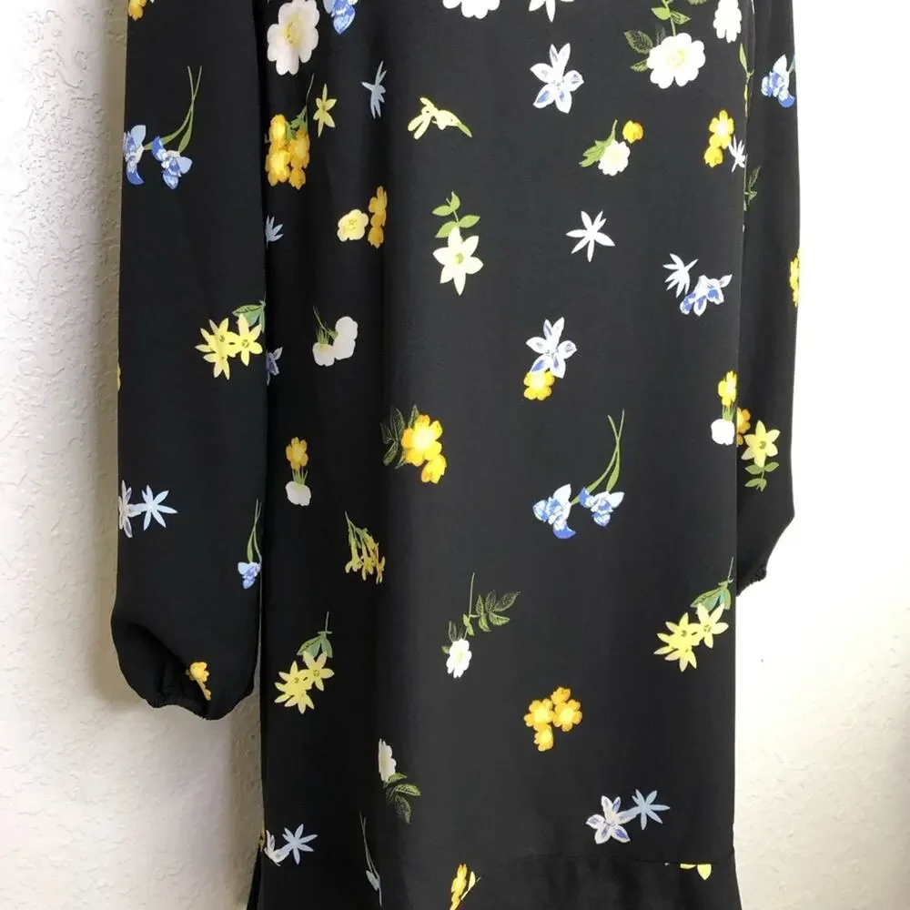 Ann Taylor Factory black yellow white floral long sleeve dress size Medium